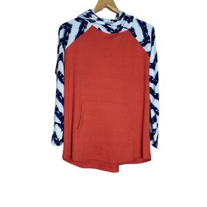 LuLaRoe Red Amber Tunic Hoodie Tie-Dye Sleeves & Kangaroo Pocket Size XL